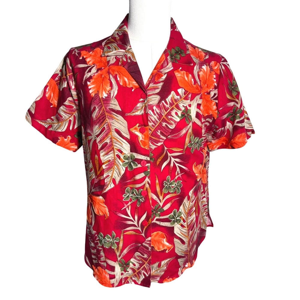 ERIN LONDON Women's Medium Red Silk Linen Tropical Embroidered Button‎ Up Shirt